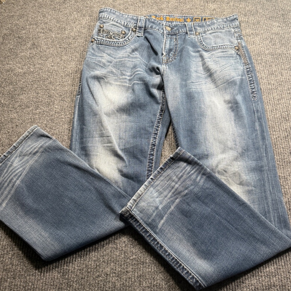 Rock Revival Noah Boot Jeans Mens 38 Blue Bootcut Distressed Western Luxury